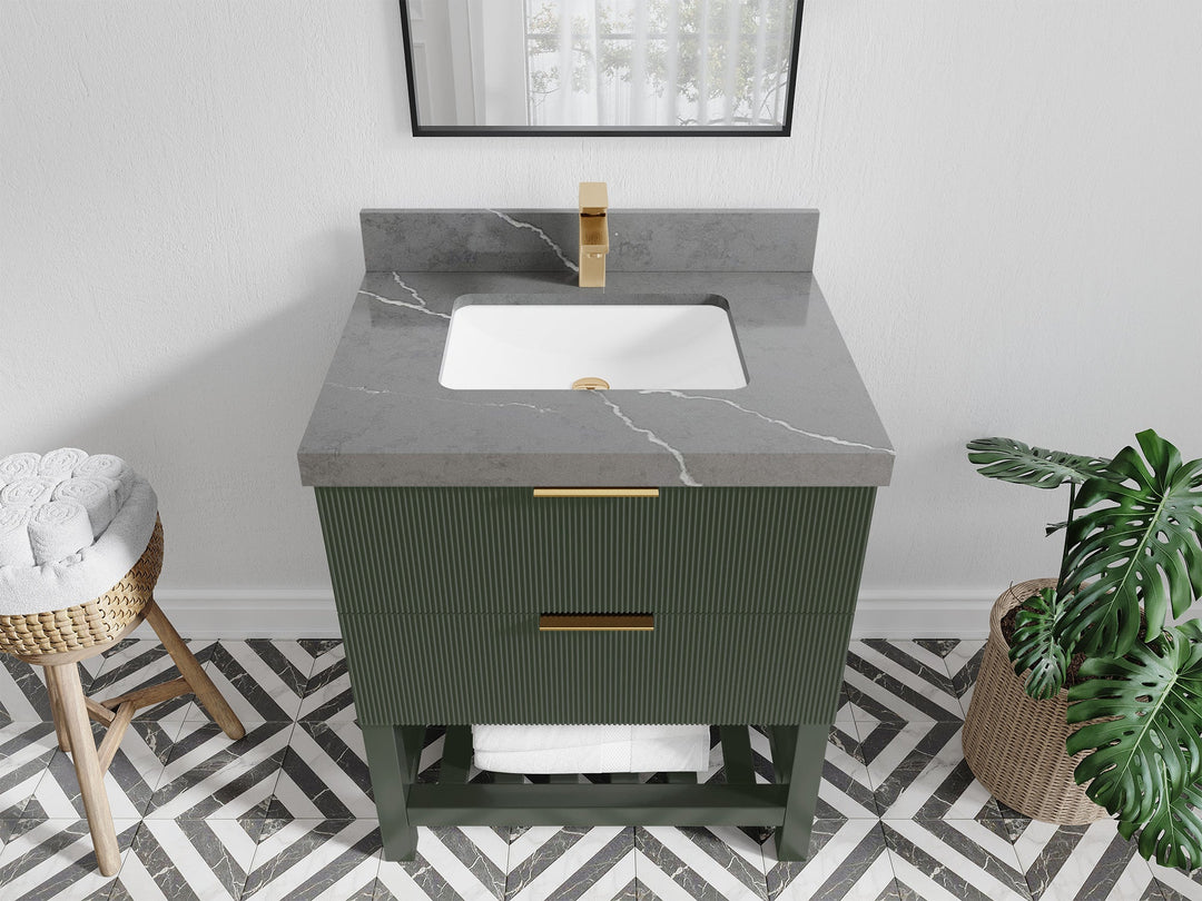 Catalina 30 in. W x 22 in. D Single Sink Bathroom Vanity in Pewter Green with 2 in Piatra Gray Quartz Countertop - Top View