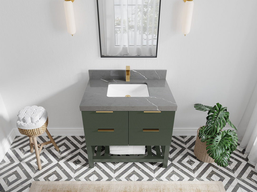Catalina 36 in. W x 22 in. D Single Sink Bathroom Vanity in Pewter Green with 2 in Piatra Gray Quartz Countertop - Top View