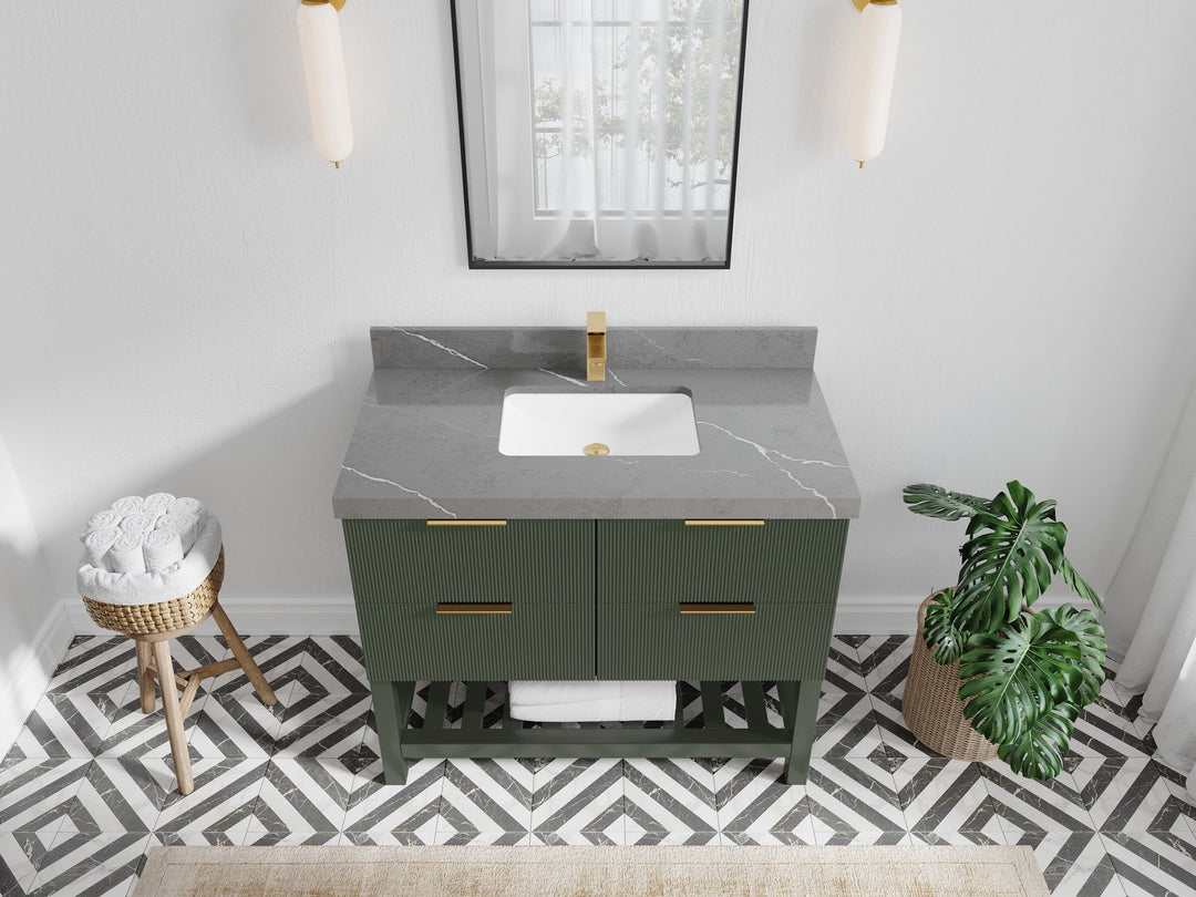 Catalina 42 in. W x 22 in. D Single Sink Bathroom Vanity in Pewter Green with 2 in Piatra Gray Quartz Countertop Top View