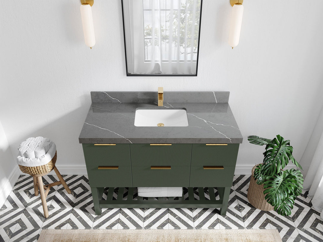 Catalina 48 in. W x 22 in. D Single Sink Bathroom Vanity in Pewter Green with 2 in Piatra Gray Quartz Countertop - Top View