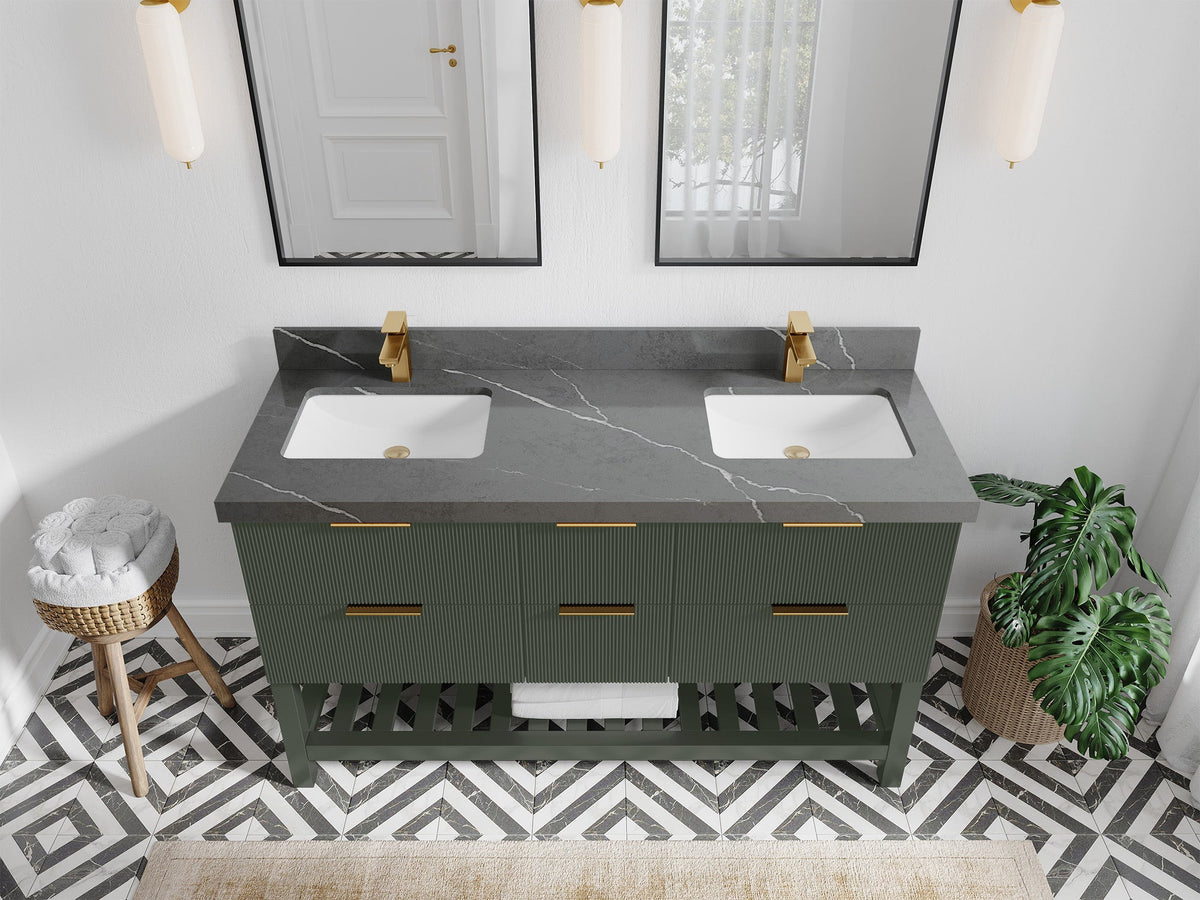 Catalina 60 in. W x 22 in. D Double Sink Bathroom Vanity in Pewter Green with 2 in Piatra Gray Quartz Countertop - Top View