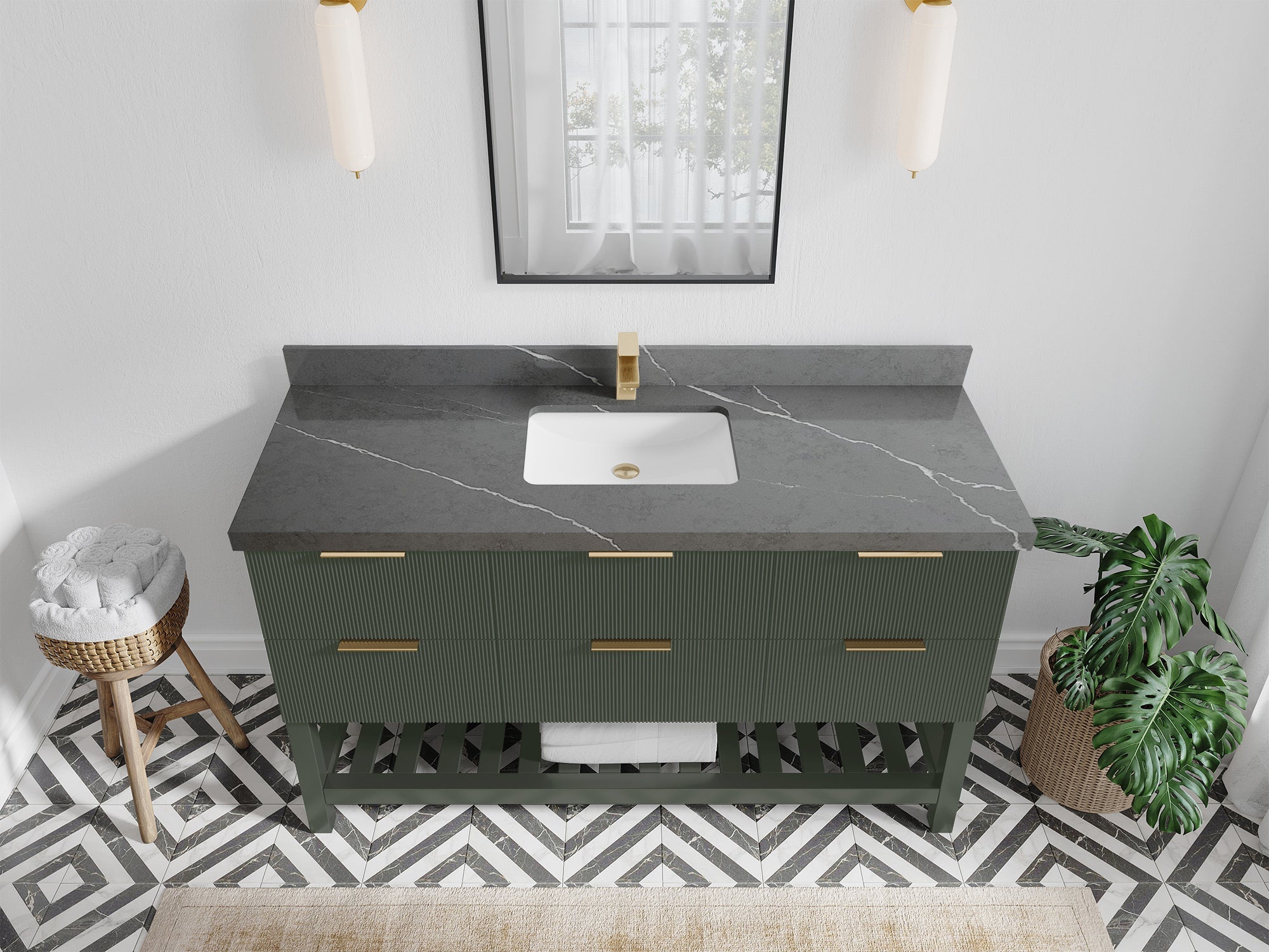 Catalina 60 in. W x 22 in. D Single Sink Bathroom Vanity in Pewter Green with 2 in Piatra Gray Quartz Countertop - Top View