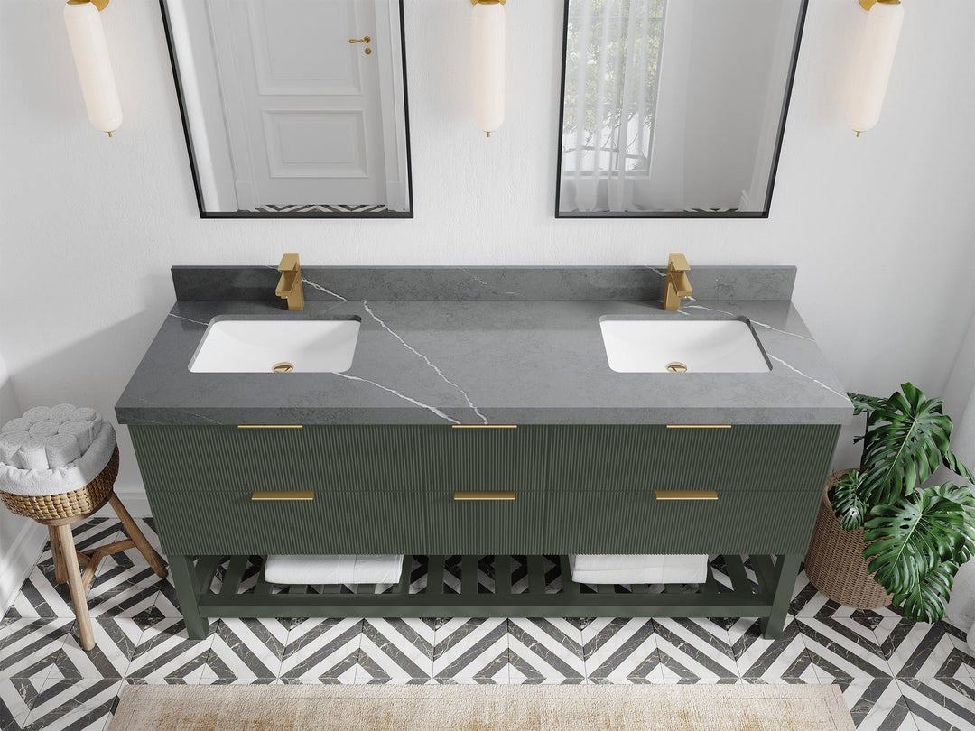 Catalina 72 in. W x 22 in. D Double Sink Bathroom Vanity in Pewter Green with 2 in Piatra Gray Quartz Countertop - Top View