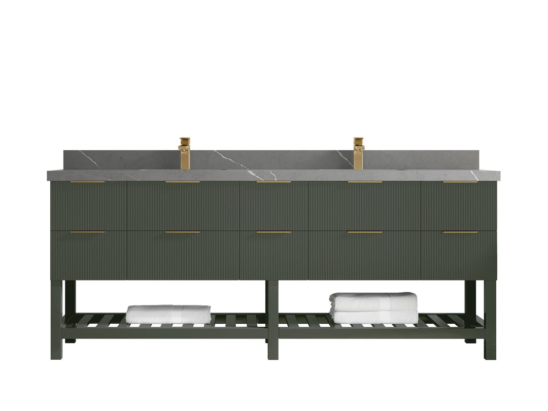 Catalina 84 in. W x 22 in. D Double Sink Bathroom Vanity in Pewter Green with 2 in Piatra Gray Quartz Countertop