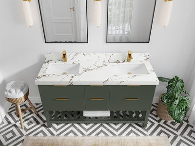 Catalina 60 in. W x 22 in. D Double Sink Bathroom Vanity in Pewter Green with 2 in Viola Brown Quartz Countertop - Top View
