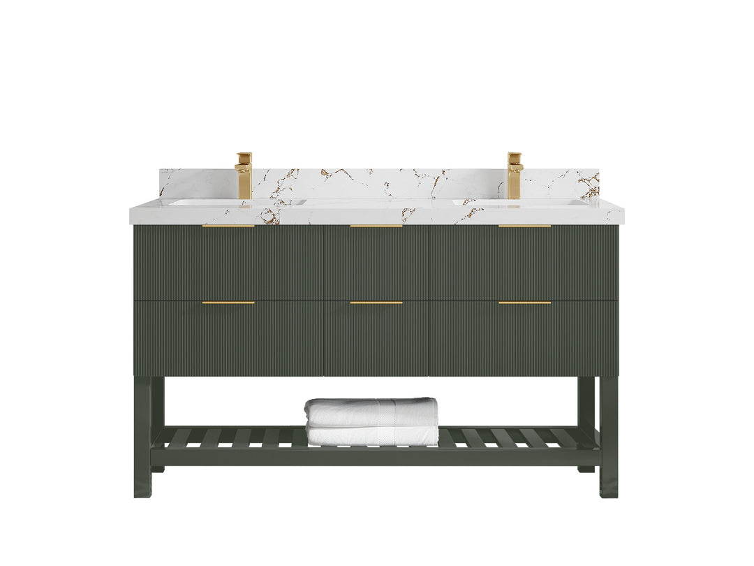 Catalina 60 in. W x 22 in. D Double Sink Bathroom Vanity in Pewter Green with 2 in Viola Brown Quartz Countertop