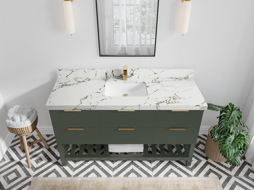 Catalina 60 in. W x 22 in. D Single Sink Bathroom Vanity in Pewter Green with 2 in Viola Brown Quartz Countertop - Top View