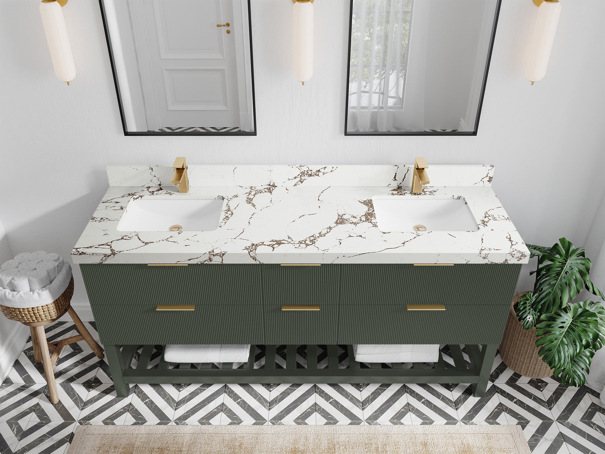 Catalina 72 in. W x 22 in. D Double Sink Bathroom Vanity in Pewter Green with 2 in Viola Brown Quartz Countertop - Top View