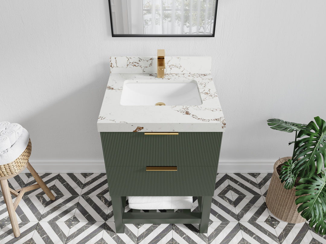 Catalina 24 in. W x 22 in. D Single Sink Bathroom Vanity in Pewter Green with 2 in Viola Gold Quartz Countertop - Top View