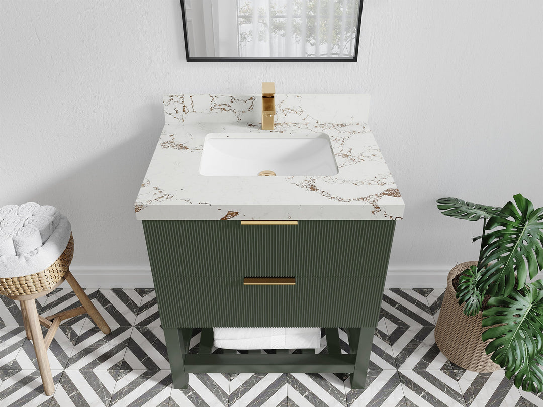 Catalina 30 in. W x 22 in. D Single Sink Bathroom Vanity in Pewter Green with 2 in Viola Gold Quartz Countertop - Top View