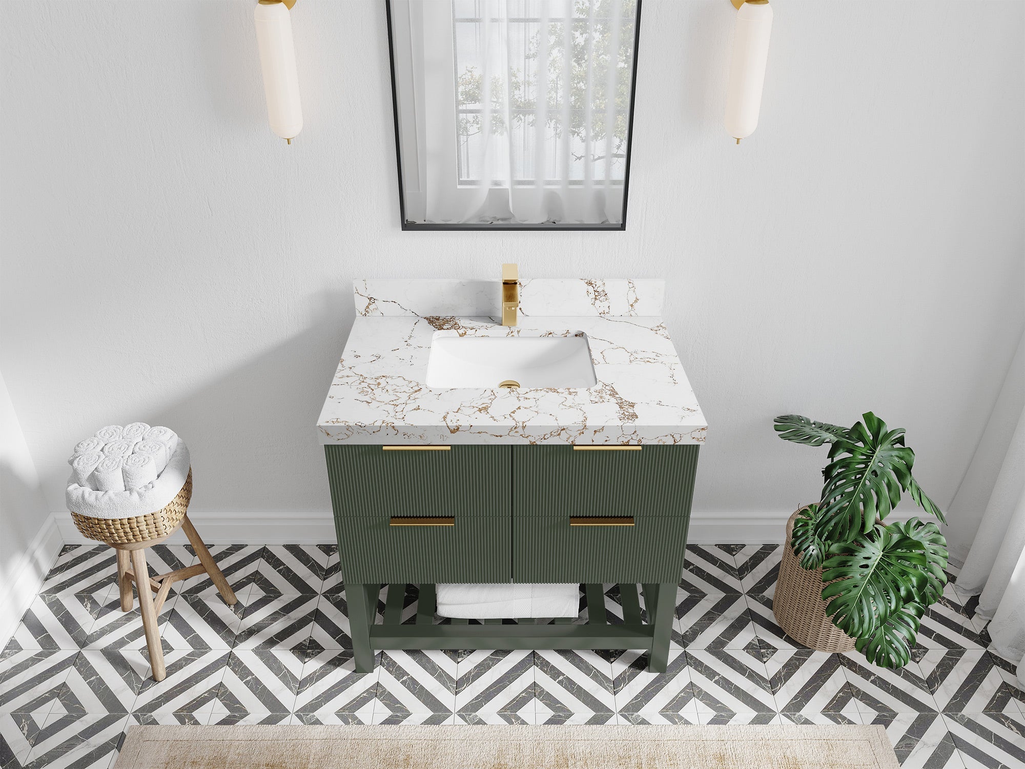 Catalina 36 in. W x 22 in. D Single Sink Bathroom Vanity in Pewter Green with 2 in Viola Gold Quartz Countertop - Top View