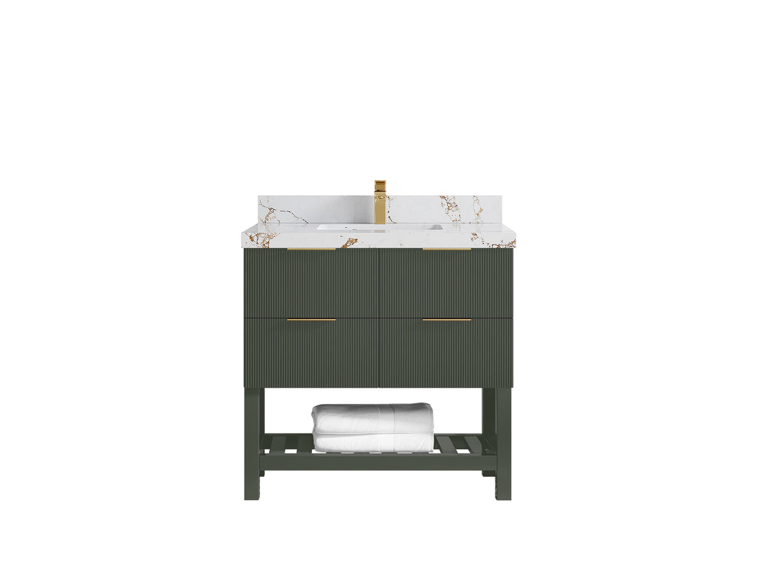 Catalina 36 in. W x 22 in. D Single Sink Bathroom Vanity in Pewter Green with 2 in Viola Gold Quartz Countertop 
