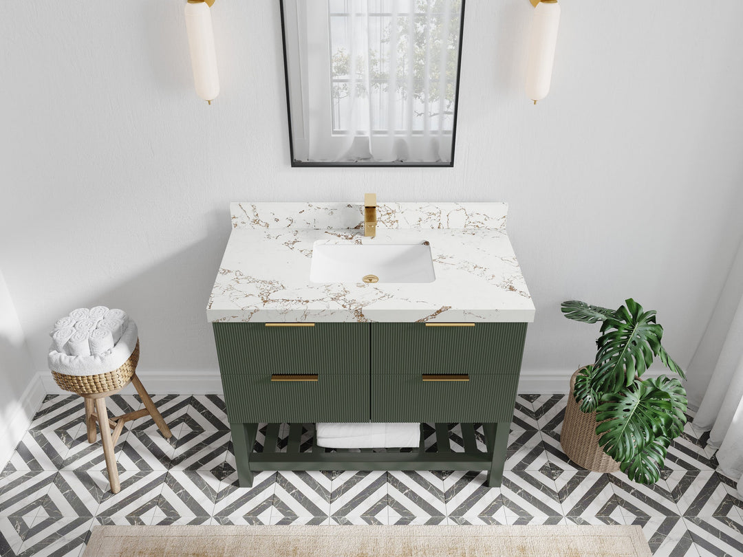 Catalina 42 in. W x 22 in. D Single Sink Bathroom Vanity in Pewter Green with 2 in Viola Gold Quartz Countertop Top View
