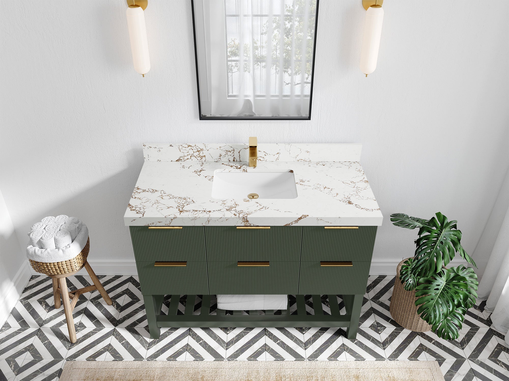Catalina 48 in. W x 22 in. D Single Sink Bathroom Vanity in Pewter Green with 2 in Viola Gold Quartz Countertop - Top View