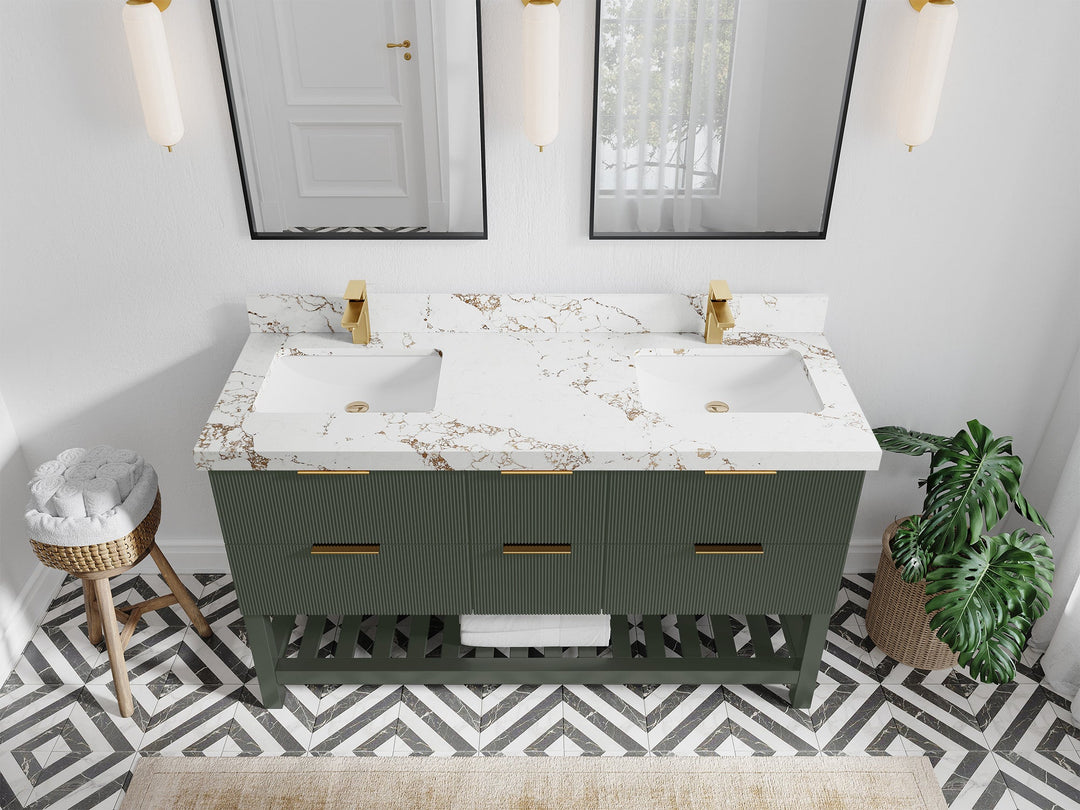 Catalina 60 in. W x 22 in. D Double Sink Bathroom Vanity in Pewter Green with 2 in Viola Gold Quartz Countertop - Top View
