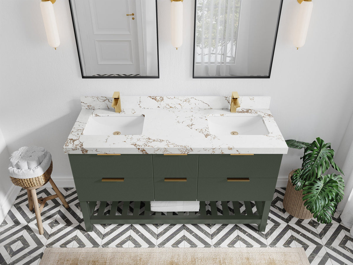 Catalina 60 in. W x 22 in. D Double Sink Bathroom Vanity in Pewter Green with 2 in Viola Gold Quartz Countertop - Top View