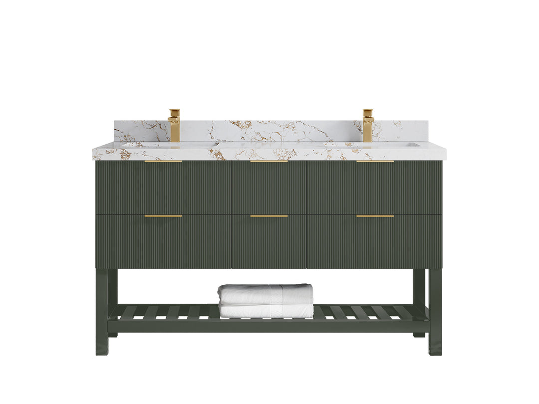 Catalina 60 in. W x 22 in. D Double Sink Bathroom Vanity in Pewter Green with 2 in Viola Gold Quartz Countertop