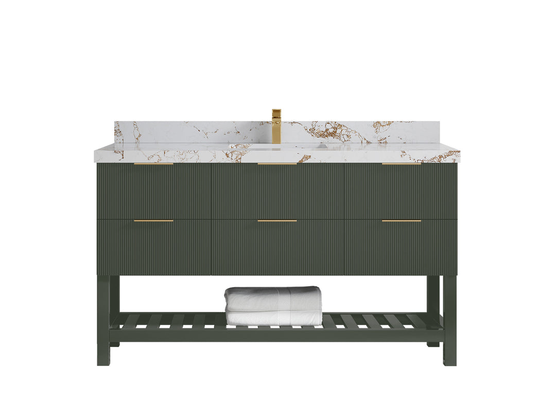 Catalina 60 in. W x 22 in. D Single Sink Bathroom Vanity in Pewter Green with 2 in Viola Gold Quartz Countertop