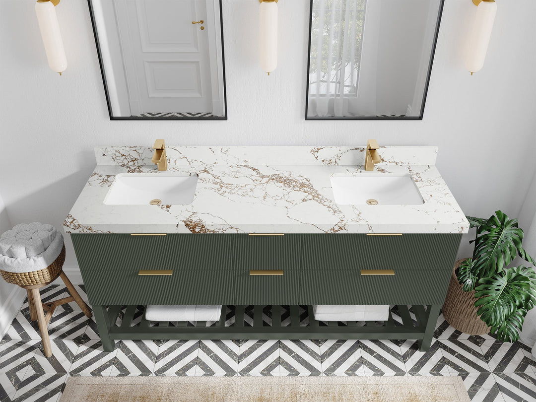 Catalina 72 in. W x 22 in. D Double Sink Bathroom Vanity in Pewter Green with 2 in Viola Gold Quartz Countertop - Top View