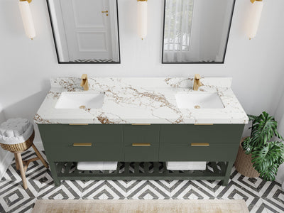 Catalina 72 in. W x 22 in. D Double Sink Bathroom Vanity in Pewter Green with 2 in Viola Gold Quartz Countertop - Top View