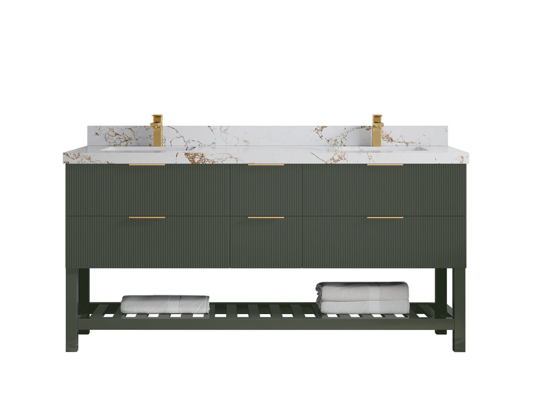 Catalina 72 in. W x 22 in. D Double Sink Bathroom Vanity in Pewter Green with 2 in Viola Gold Quartz Countertop