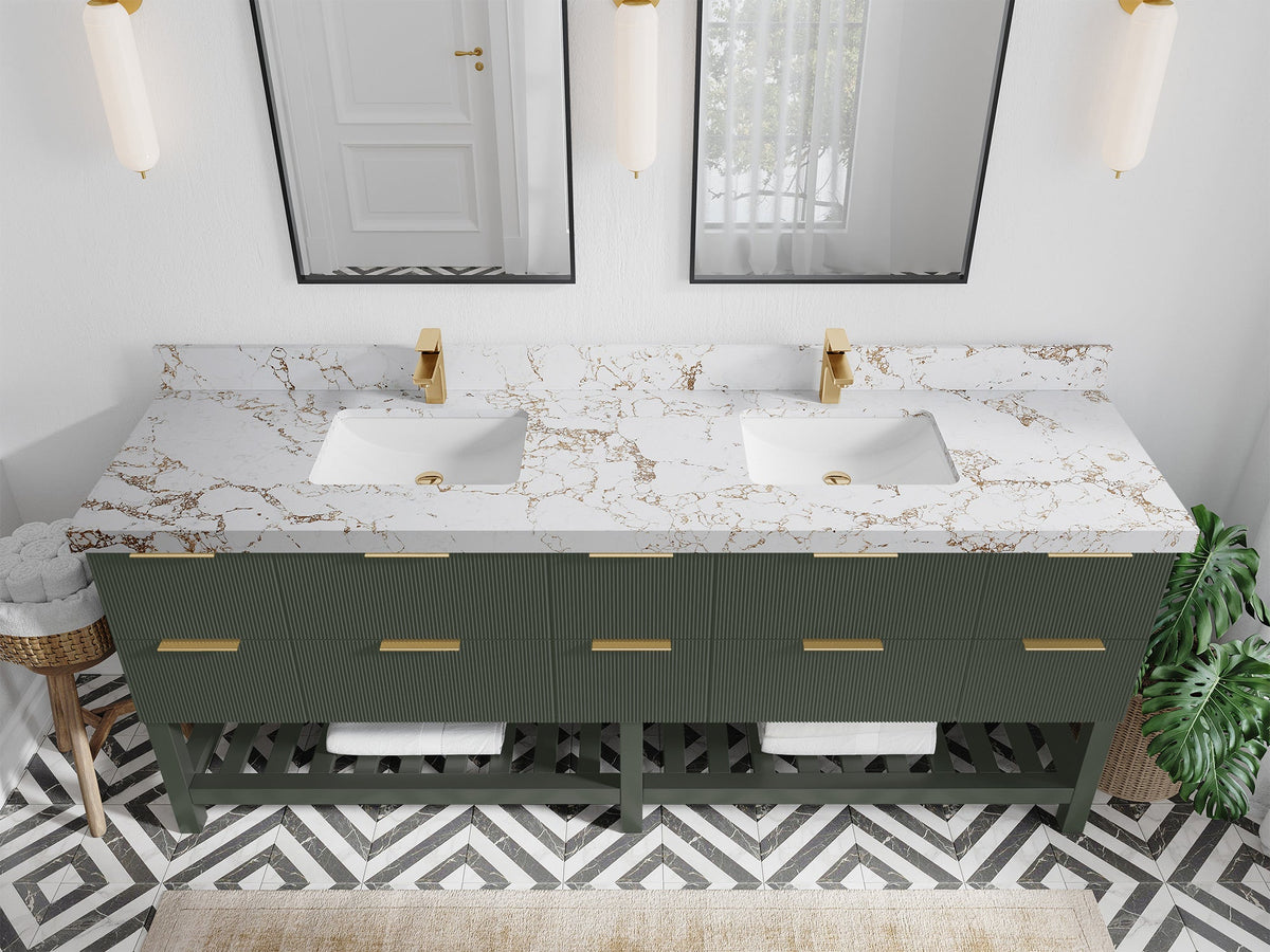 Catalina 84 in. W x 22 in. D Double Sink Bathroom Vanity in Pewter Green with 2 in Viola Gold Quartz Countertop - Top View