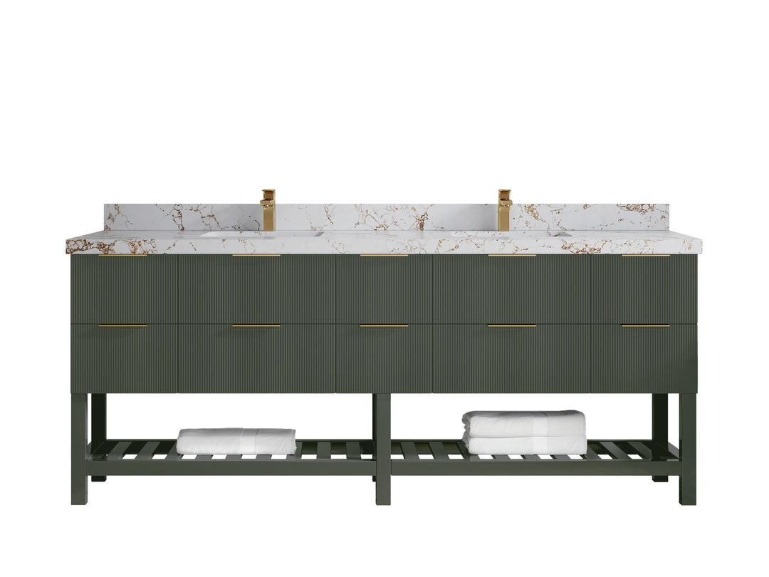 Catalina 84 in. W x 22 in. D Double Sink Bathroom Vanity in Pewter Green with 2 in Viola Gold Quartz Countertop