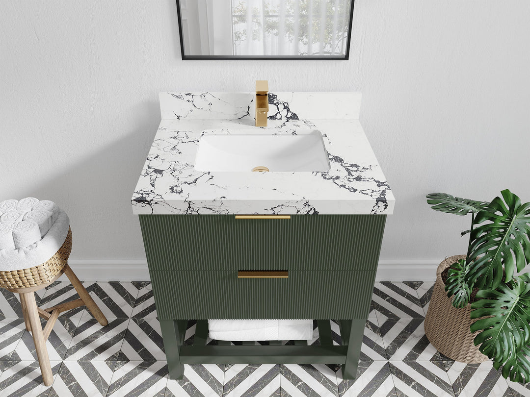 Catalina 30 in. W x 22 in. D Single Sink Bathroom Vanity in Pewter Green with 2 in Viola Night Quartz Countertop - Top View