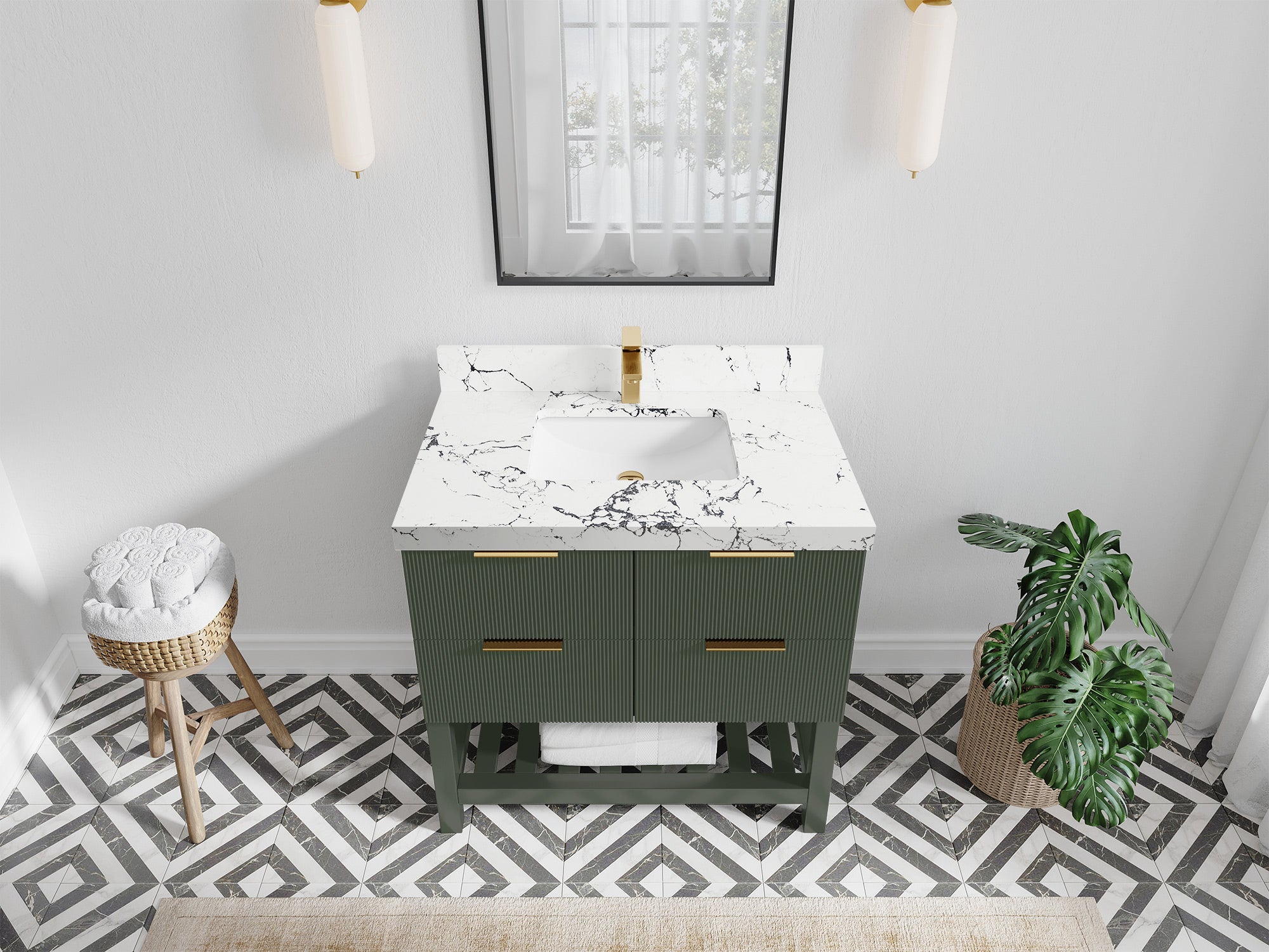 Catalina 36 in. W x 22 in. D Single Sink Bathroom Vanity in Pewter Green with 2 in Viola Night Quartz Countertop - Top View