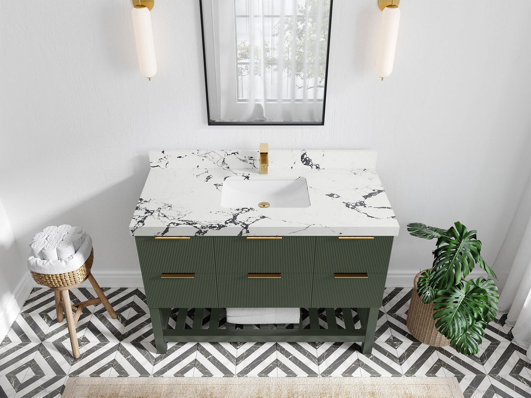 Catalina 48 in. W x 22 in. D Single Sink Bathroom Vanity in Pewter Green with 2 in Viola Night Quartz Countertop - Top View