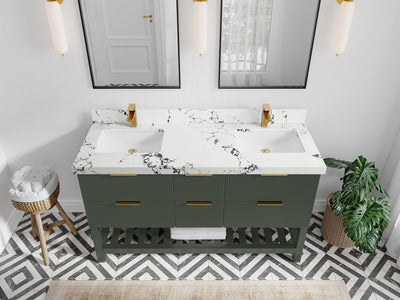 Catalina 60 in. W x 22 in. D Double Sink Bathroom Vanity in Pewter Green with 2 in Viola Night Quartz Countertop - Top View