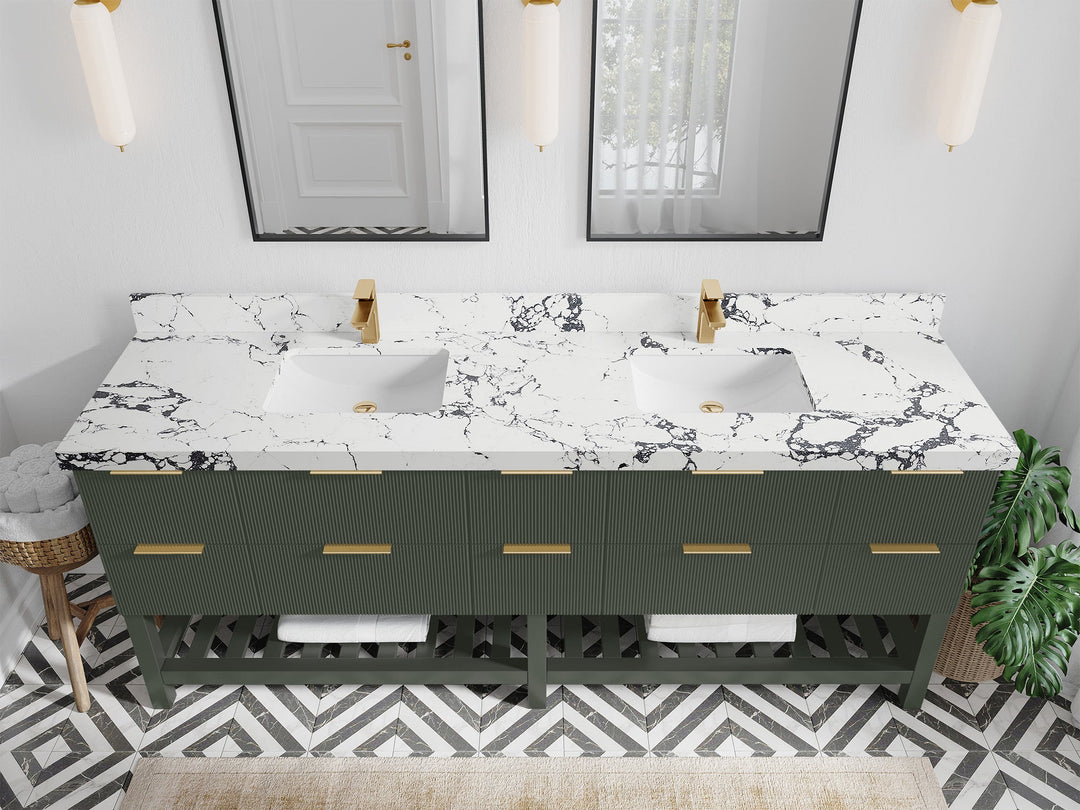 Catalina 84 in. W x 22 in. D Double Sink Bathroom Vanity in Pewter Green with 2 in Viola Night Quartz Countertop - Top View