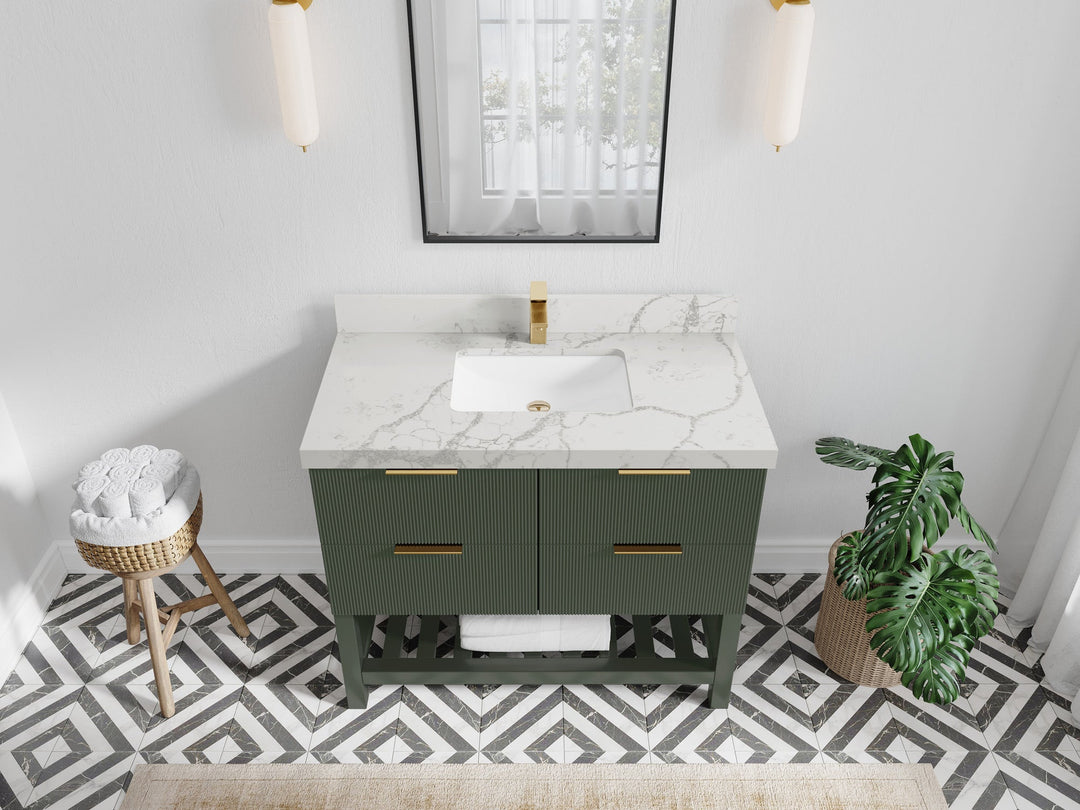Catalina 42 in. W x 22 in. D Single Sink Bathroom Vanity in Pewter Green with 2 in Venatino Quartz Countertop Top View