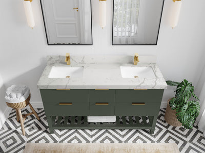 Catalina 60 in. W x 22 in. D Double Sink Bathroom Vanity in Pewter Green with 2 in Venatino Quartz Countertop - Top View