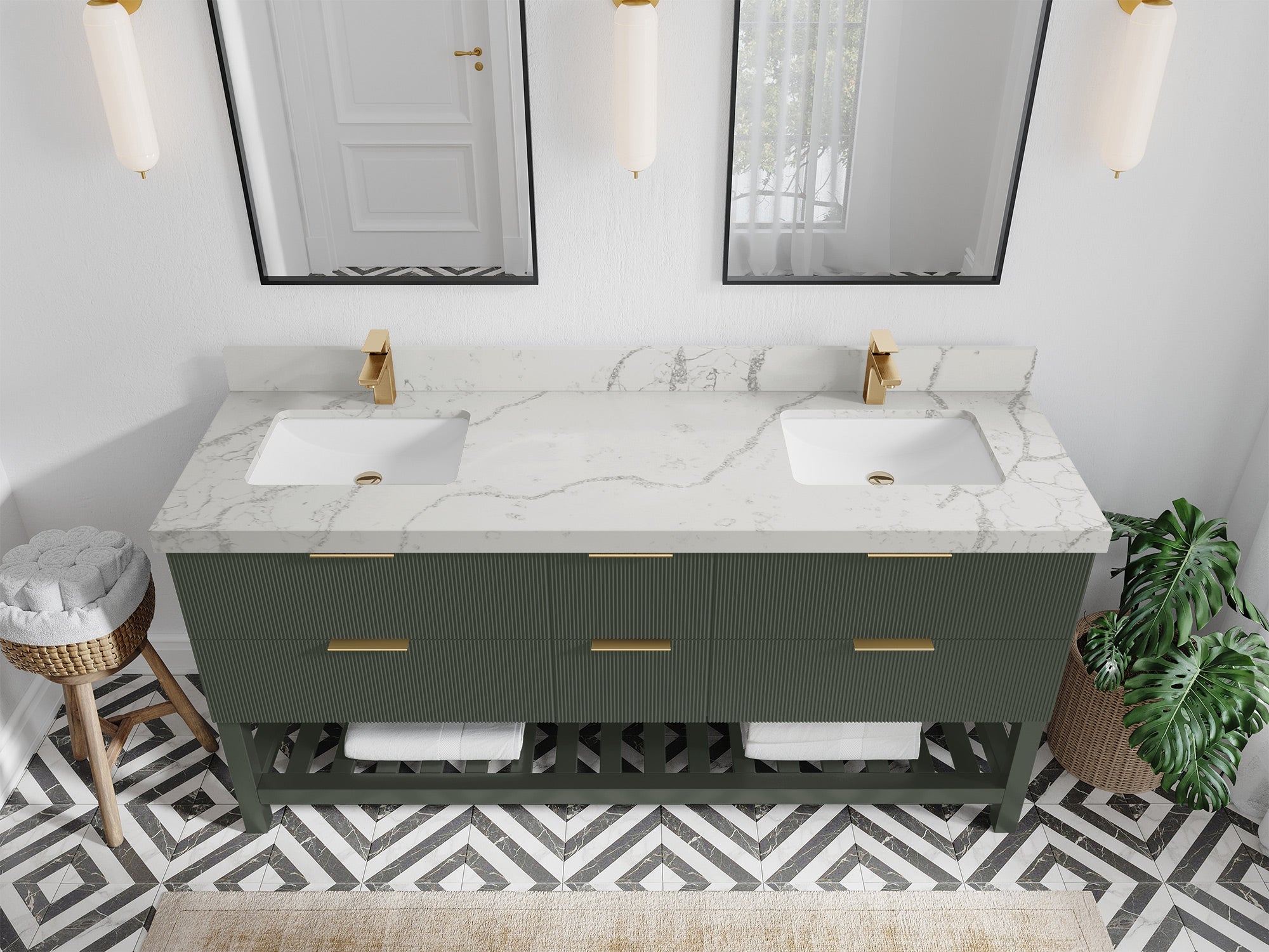 Catalina 72 in. W x 22 in. D Double Sink Bathroom Vanity in Pewter Green with 2 in Venatino Quartz Countertop - Top View