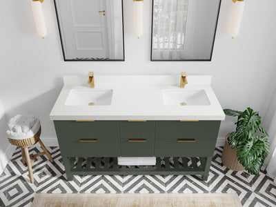 Catalina 60 in. W x 22 in. D Double Sink Bathroom Vanity in Pewter Green with 2 in White Quartz Countertop - Top View