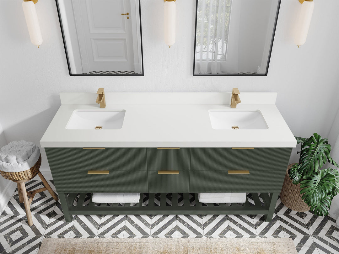 Catalina 72 in. W x 22 in. D Double Sink Bathroom Vanity in Pewter Green with 2 in White Quartz Countertop - Top View