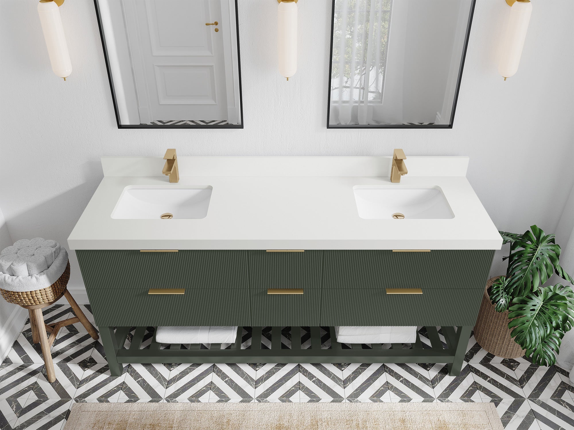 Catalina 72 in. W x 22 in. D Double Sink Bathroom Vanity in Pewter Green with 2 in White Quartz Countertop - Top View