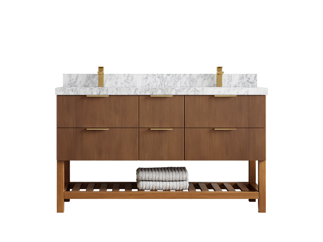 Catalina Teak 60 in W x 22 in D Free Standing Reeded Double Sink Bathroom Vanity