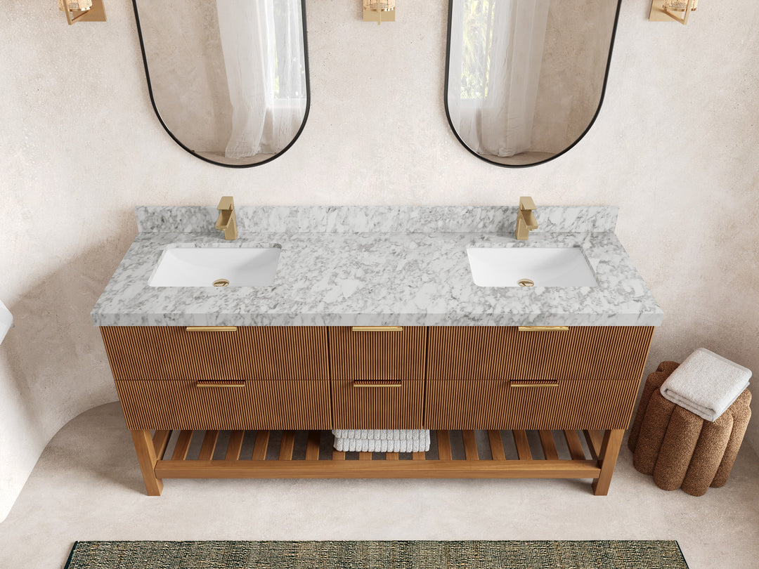 Catalina Teak 72 in W x 22 in D Free Standing Reeded Double Sink Bathroom Vanity