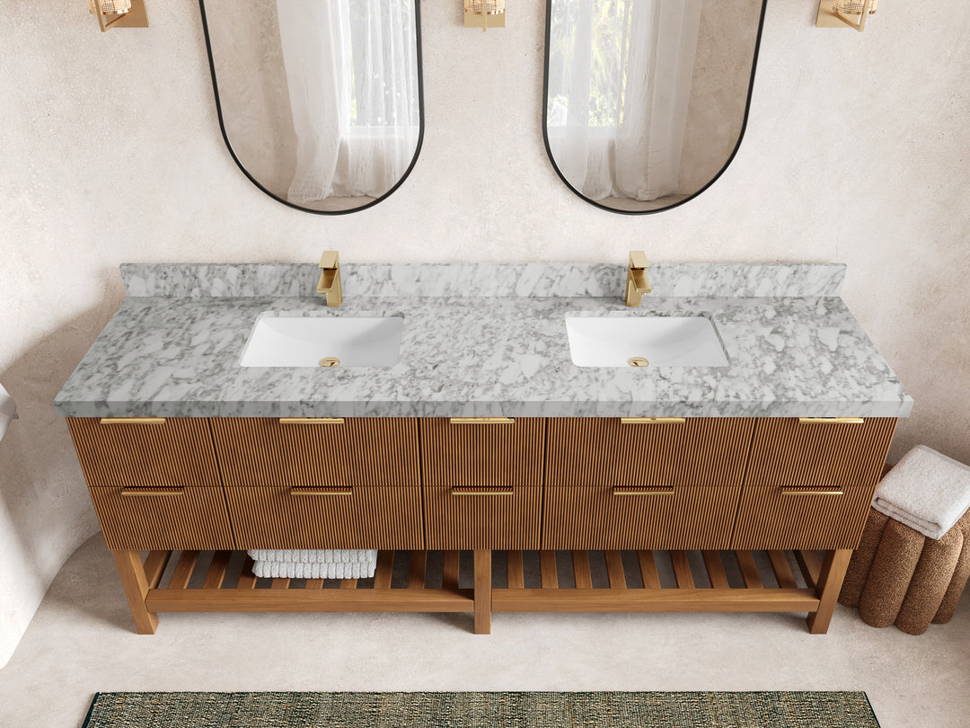 Catalina Teak 84 in W x 22 in D Free Standing Reeded Double Sink Bathroom Vanity