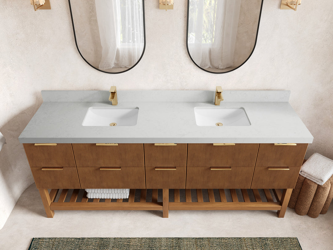 Catalina Teak 84 in W x 22 in D Free Standing Reeded Double Sink Bathroom Vanity
