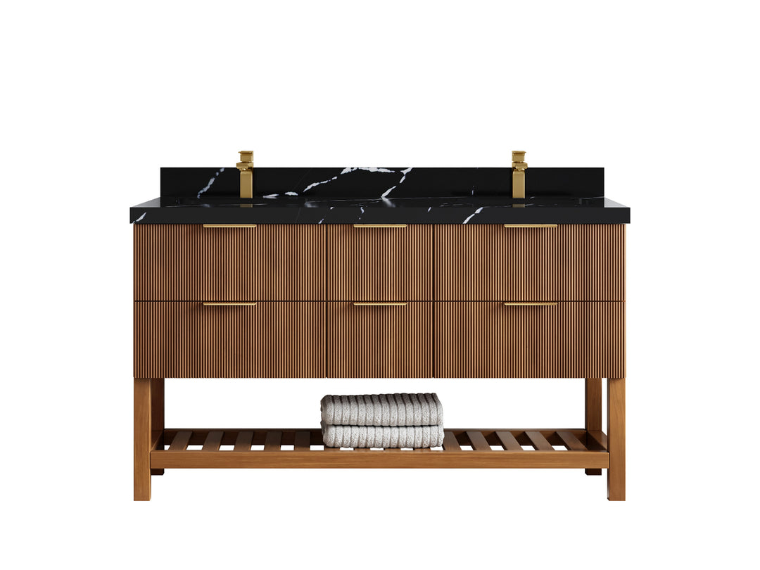 Catalina Teak 60 in W x 22 in D Free Standing Reeded Double Sink Bathroom Vanity