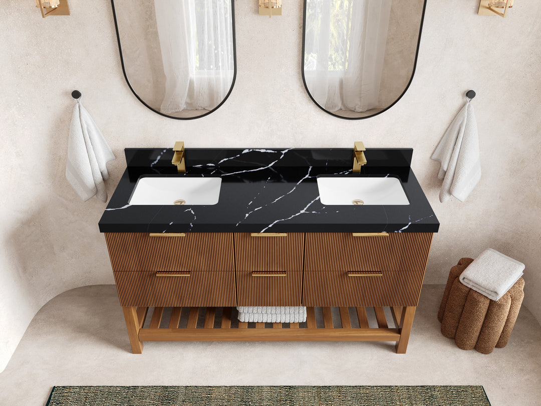 Catalina Teak 60 in W x 22 in D Free Standing Reeded Double Sink Bathroom Vanity