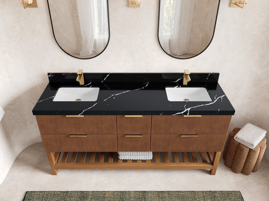 Catalina Teak 72 in W x 22 in D Free Standing Reeded Double Sink Bathroom Vanity