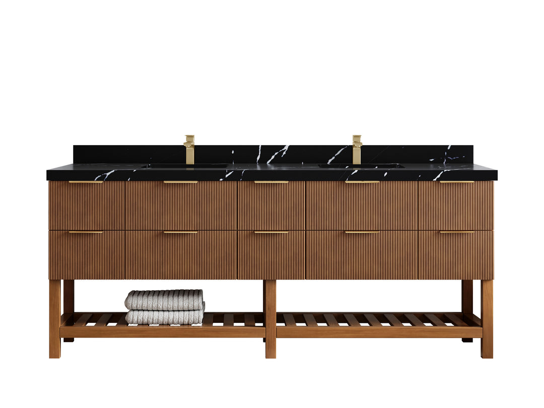 Catalina Teak 84 in W x 22 in D Free Standing Reeded Double Sink Bathroom Vanity