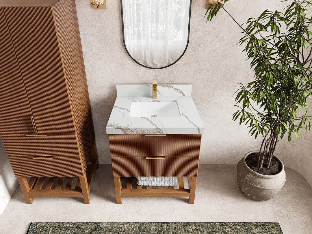 Catalina Teak 30 in W x 22 in D Free Standing Reeded Single Sink Bathroom Vanity