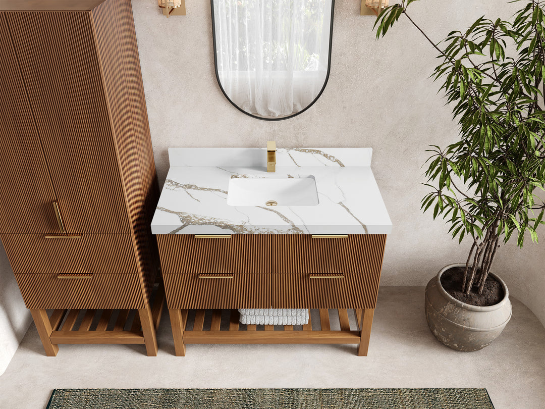Catalina Teak 42 in W x 22 in D Free Standing Reeded Single Sink Bathroom Vanity