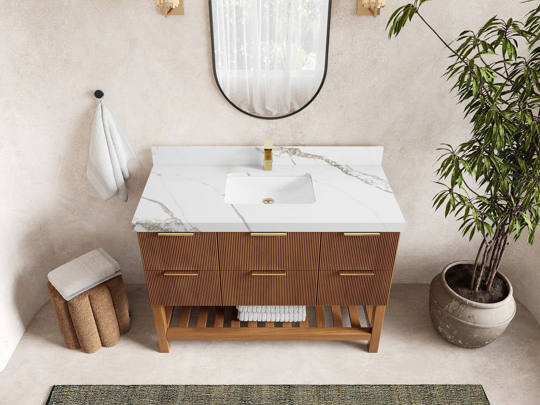 Catalina Teak 48 in W x 22 in D Free Standing Reeded Single Sink Bathroom Vanity
