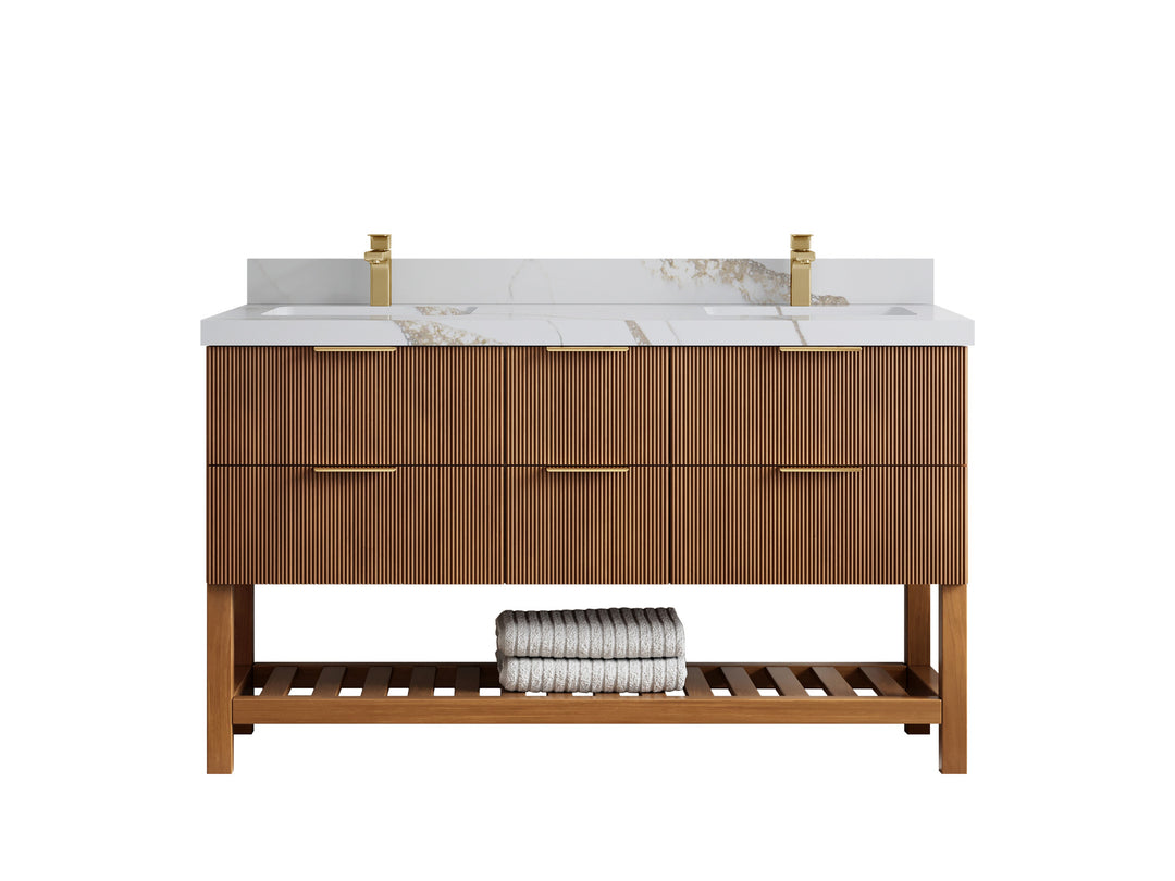 Catalina Teak 60 in W x 22 in D Free Standing Reeded Double Sink Bathroom Vanity